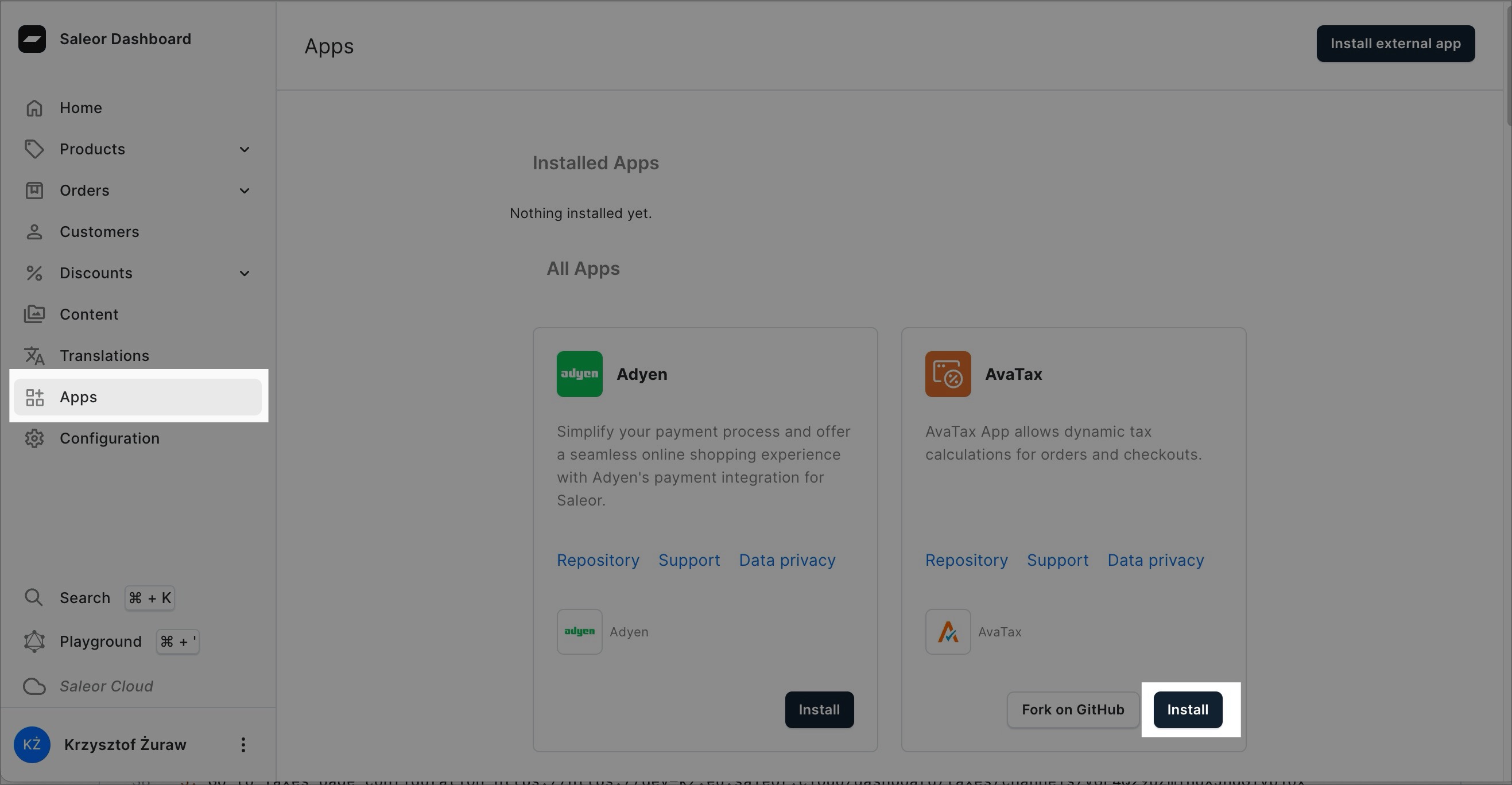 A screenshot of the Saleor Dashboard in the "Apps" section. The "Install" button is highlighted, indicating the option to install AvaTax app.